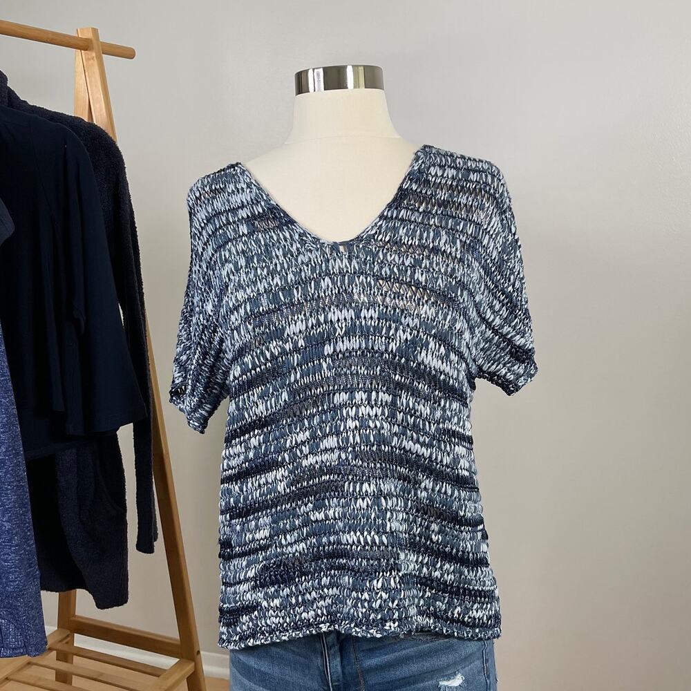 Eileen Fisher • Brushstroke Tape V-Neck Top Denim Blue